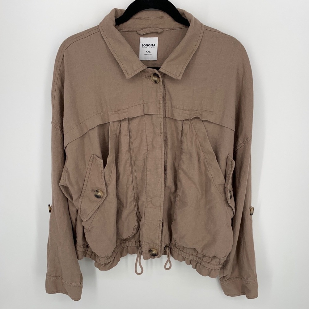 XXL Linen Blend Utility Jacket Taupe Drawstring Lightweight By Sonoma